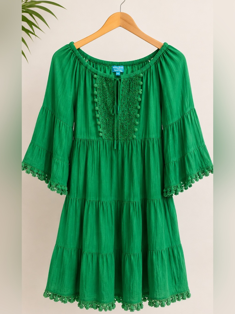 Green Boho Tiered Peasant Coverup with Pom Trim